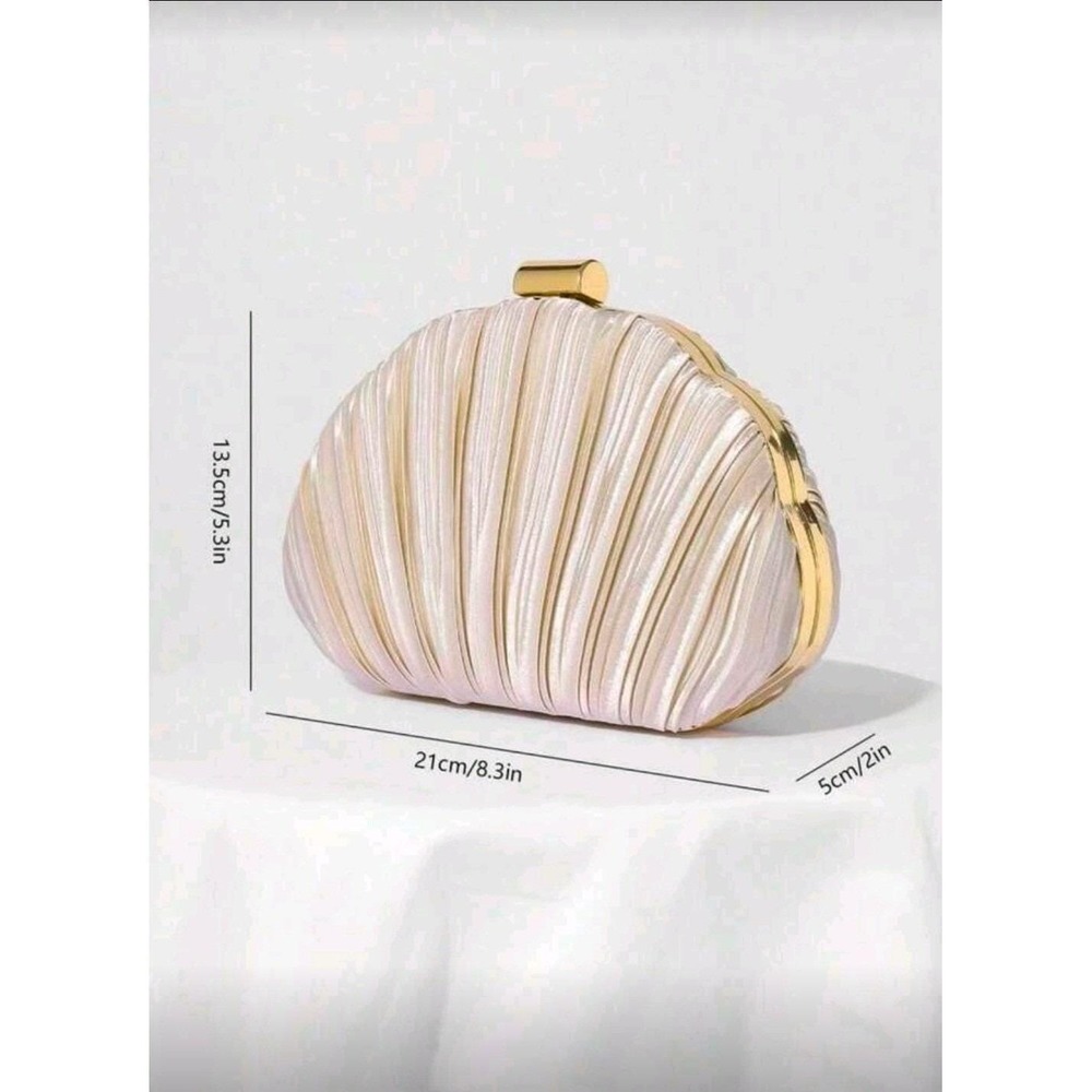 Elegant Pleated Shell Clutch Evening Handbag Gold Chain Strap - Picture 4 of 8